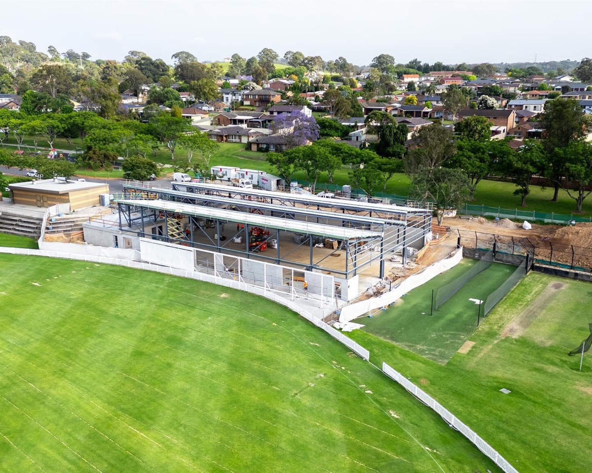 Aerial view of an active steel-frame construction site