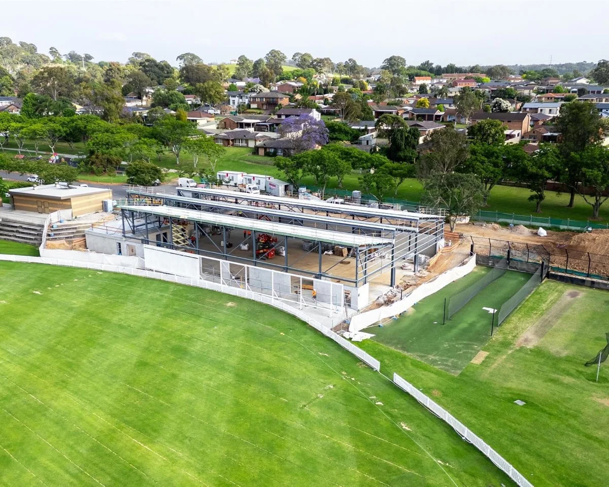 Aerial view of an active steel-frame construction site
