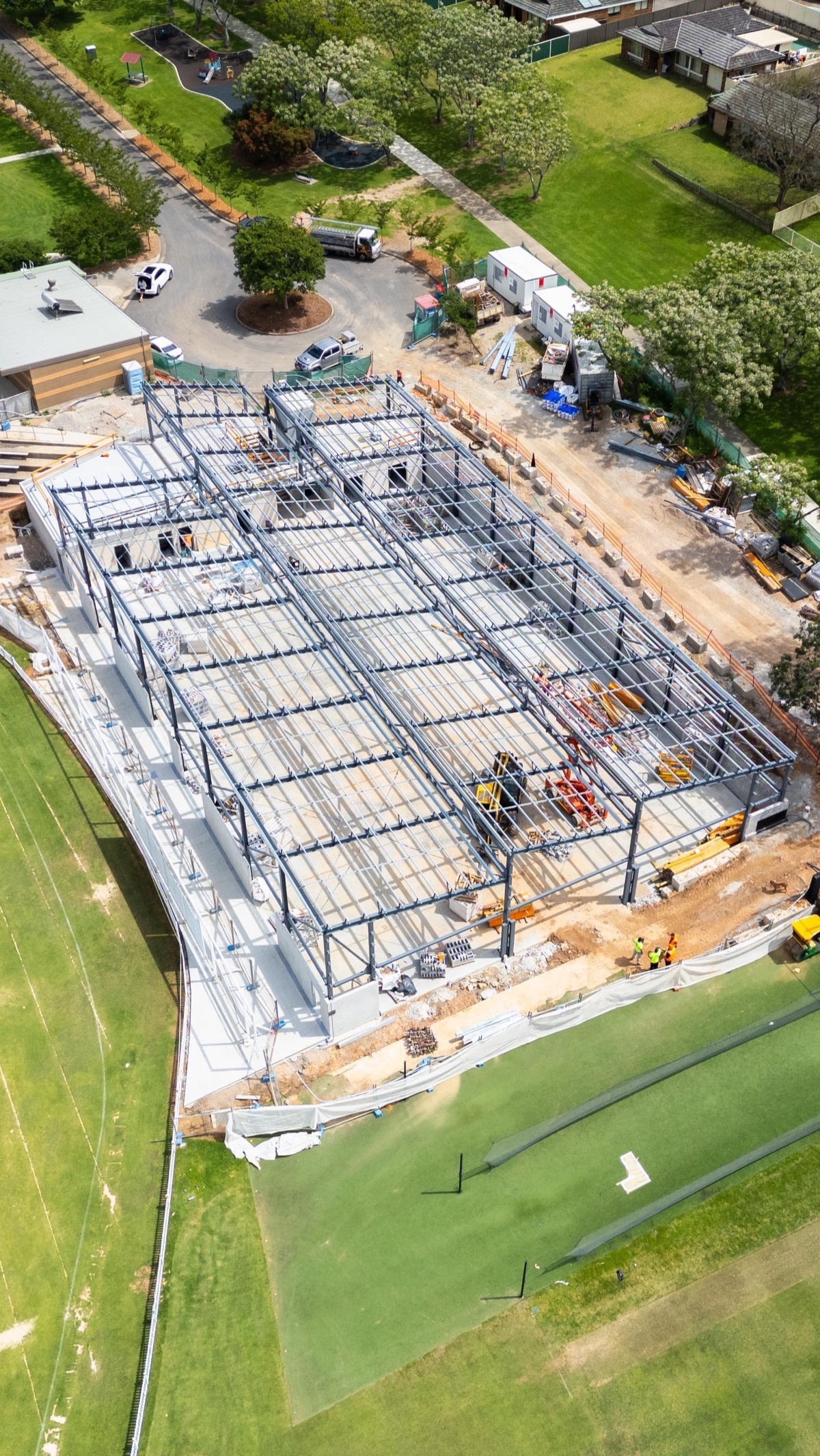 Aerial view of an active structural steel construction site