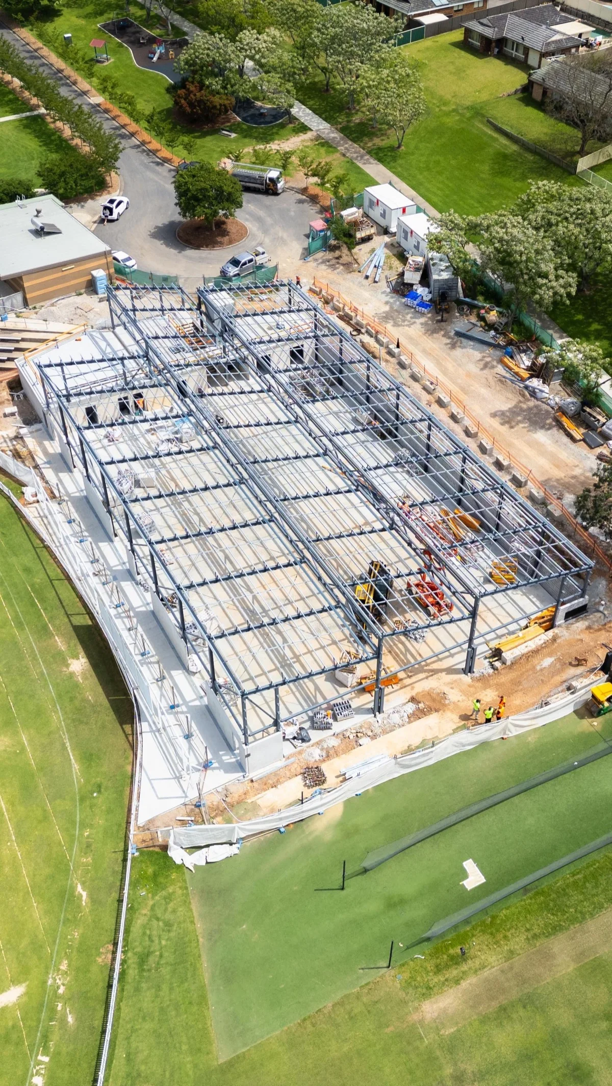 Aerial view of an active structural steel construction site