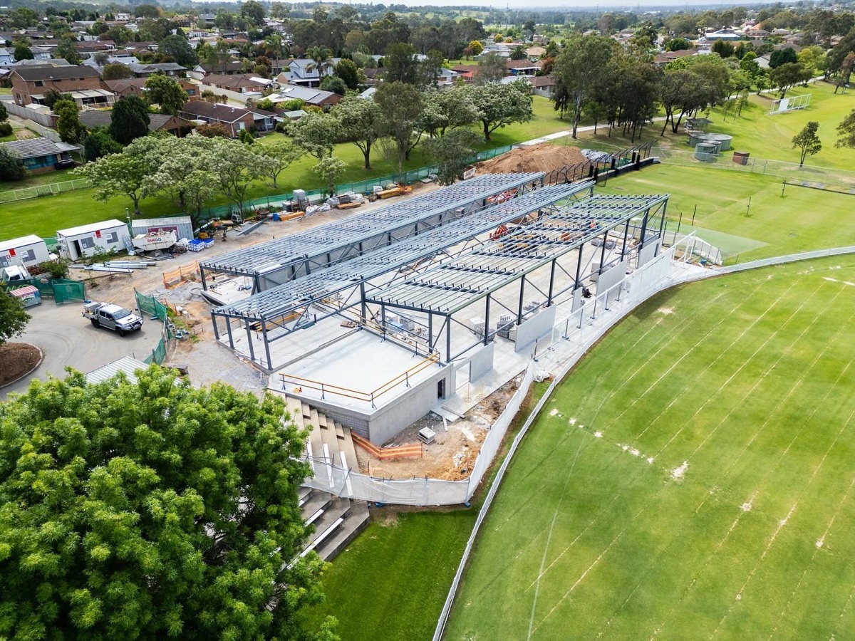 Aerial view of an active steel-frame construction site