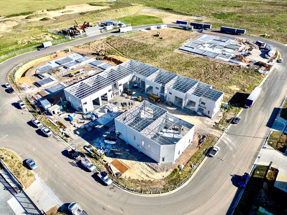 Aerial view of concrete and steel structures under construction