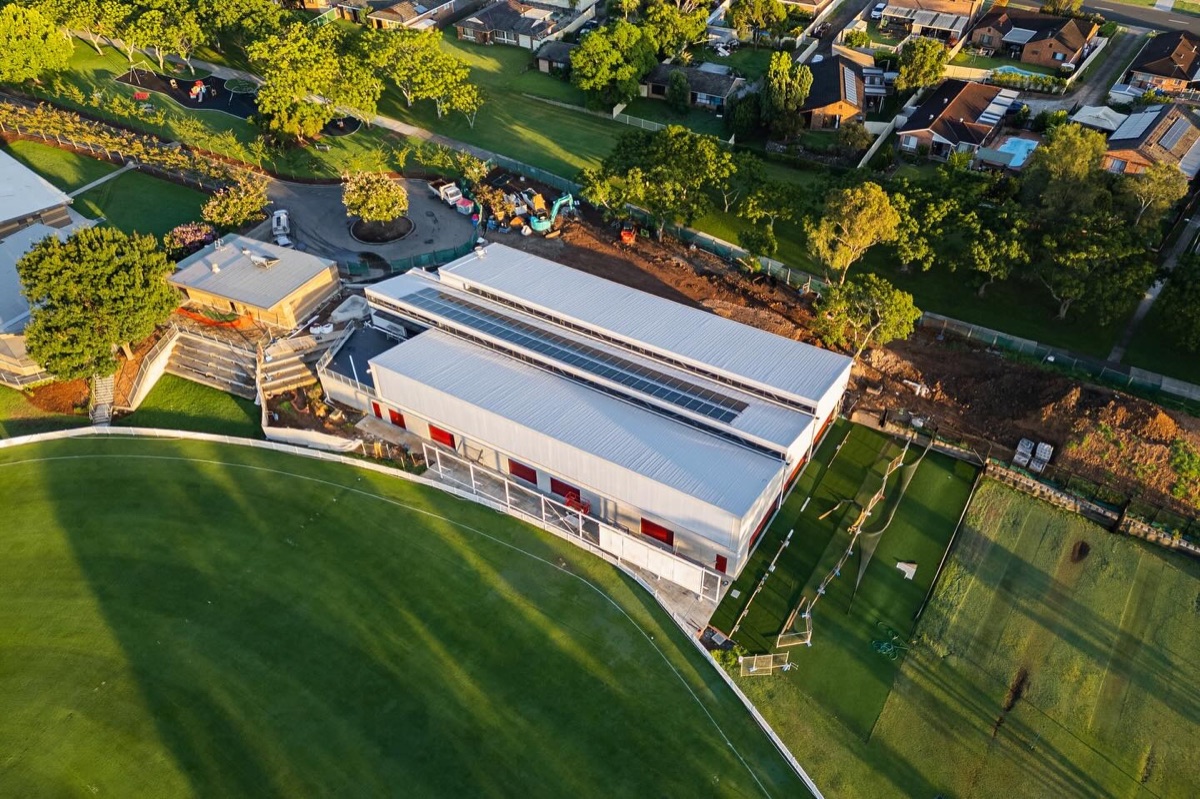 Aerial view of a completed community sports building